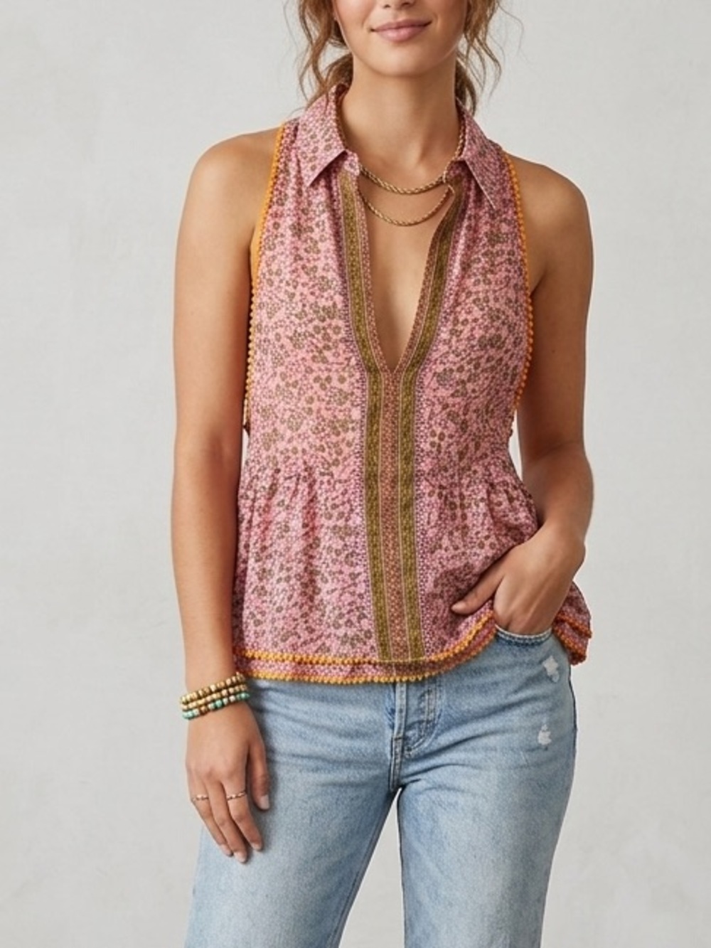 Poupette St. Barth Pink Floral Sleeveless Top with Olive Accents